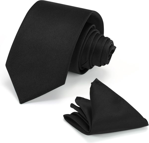 Mens Tie Set Solid Color 3.15" (8CM) Black Formal Necktie and Pocket Square Set in Gift Box