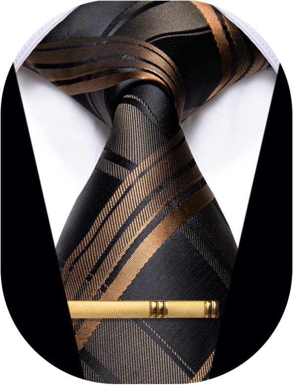 Men's Neckties Striped Tie and Plaid Neckties for Men Woven Silk Tie Gold Tie Clip Set