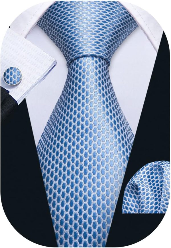 Barry.Wang Plaid Ties Check Mens Necktie Set with Handkerchief Cufflinks Classic Stripe